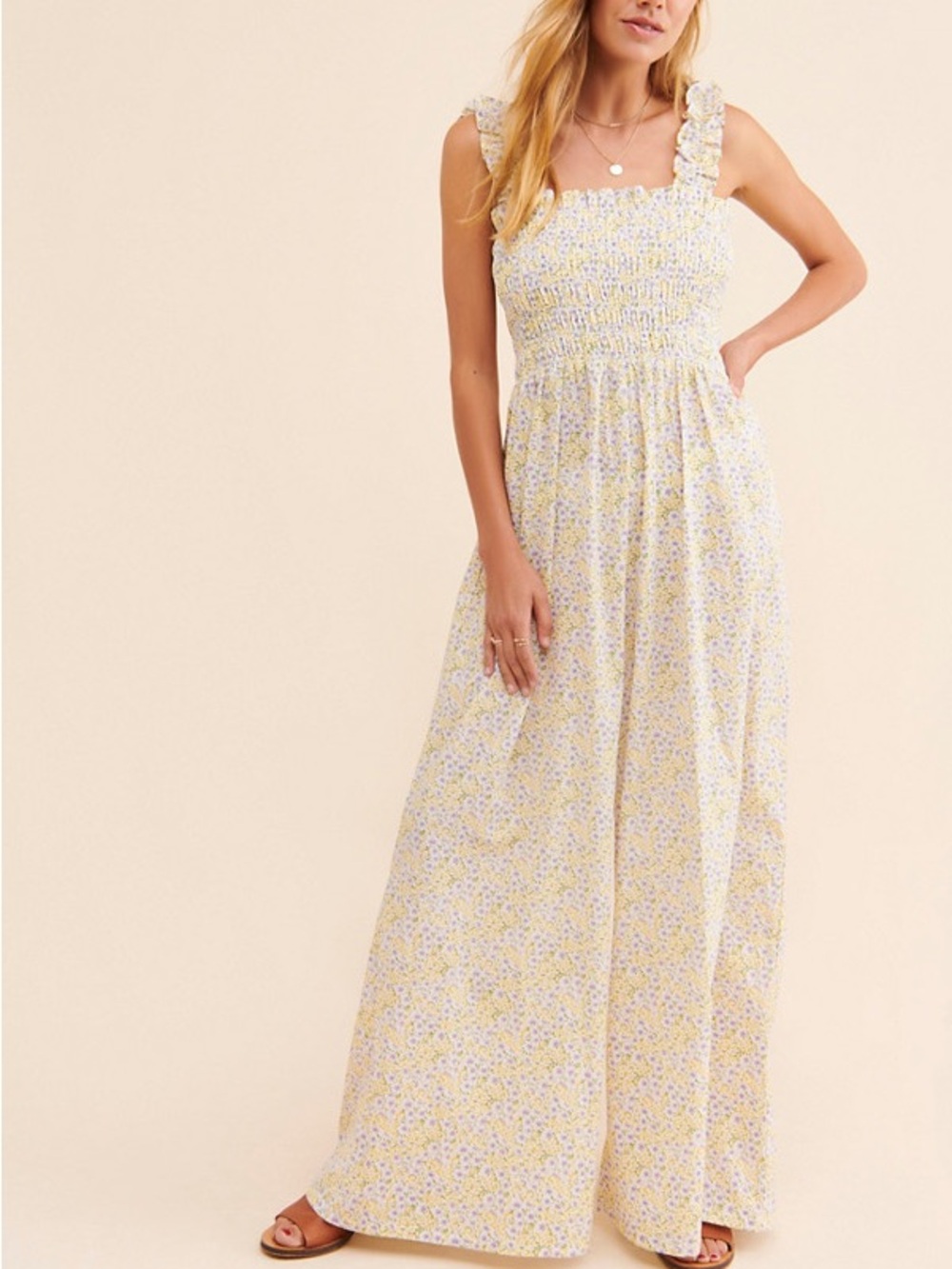 En Saison Floral Wide Leg Smocked Jumpsuit Medium